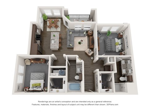A 3D floor plan of a house with a living room, kitchen, dining room, and bedrooms.